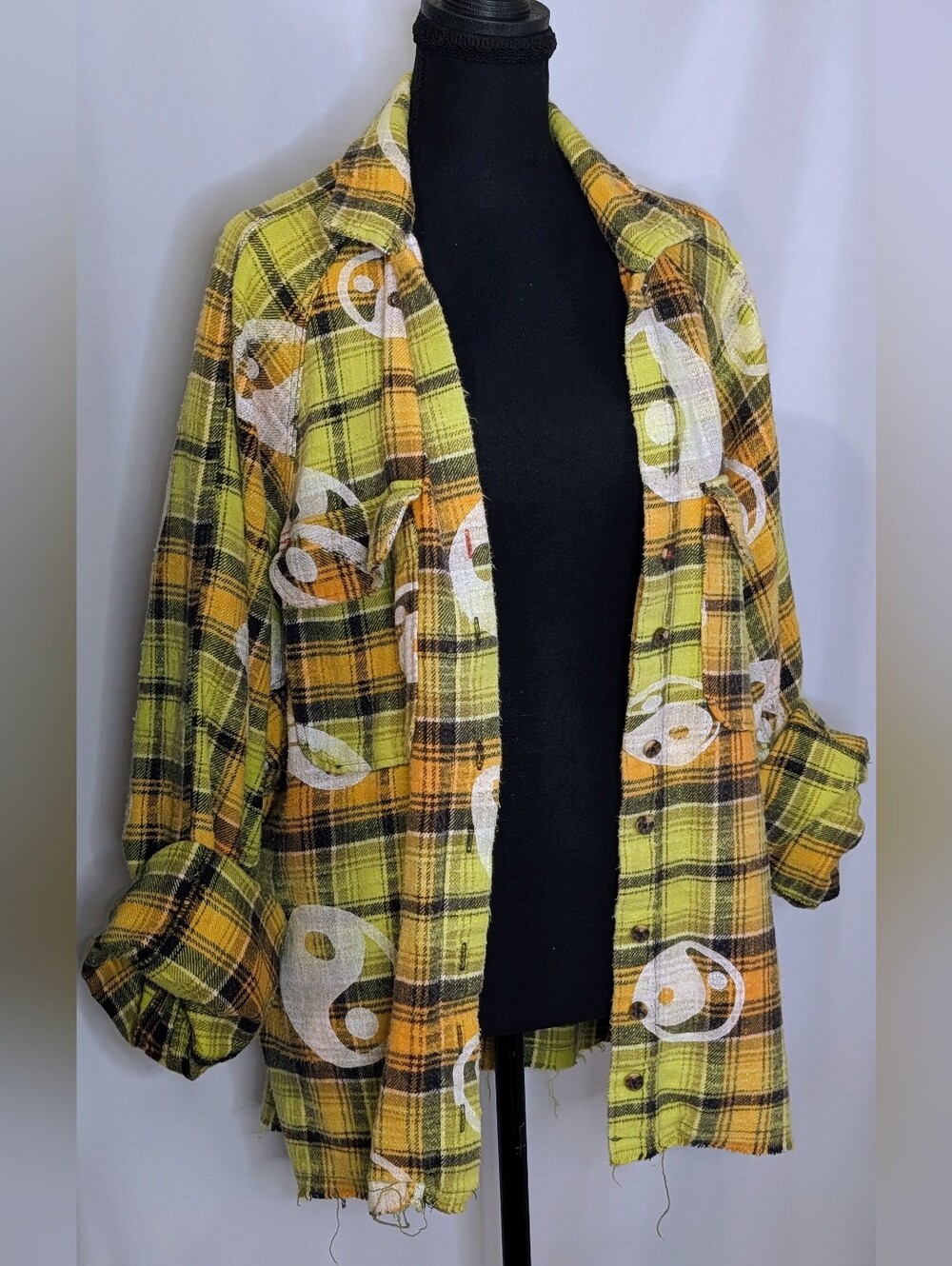 BDG Yin Yang Plaid Flannel Shirt Jacket Green Orange Grunge Size M